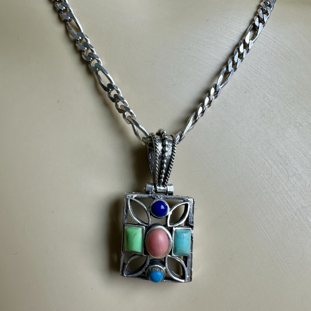 Vintage‎ Pendant Necklace 16 Inch Multi Color Gemstone Floral 925 Sterling 12.3g